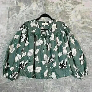 The Great Top Womens M Green Leaf Print Peasant Hippie Boho Festival